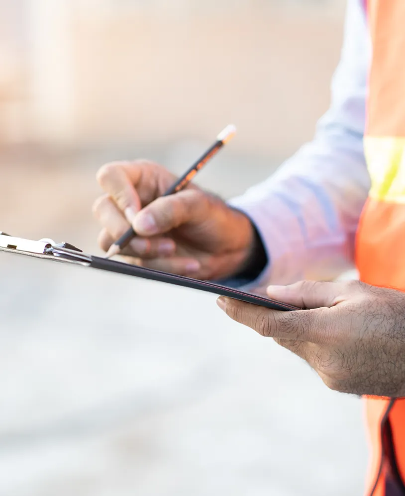 Construction worker writing on agreement.