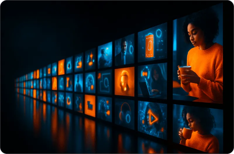 Wide cinematic shot of multiple glowing video stills displayed in a long grid.