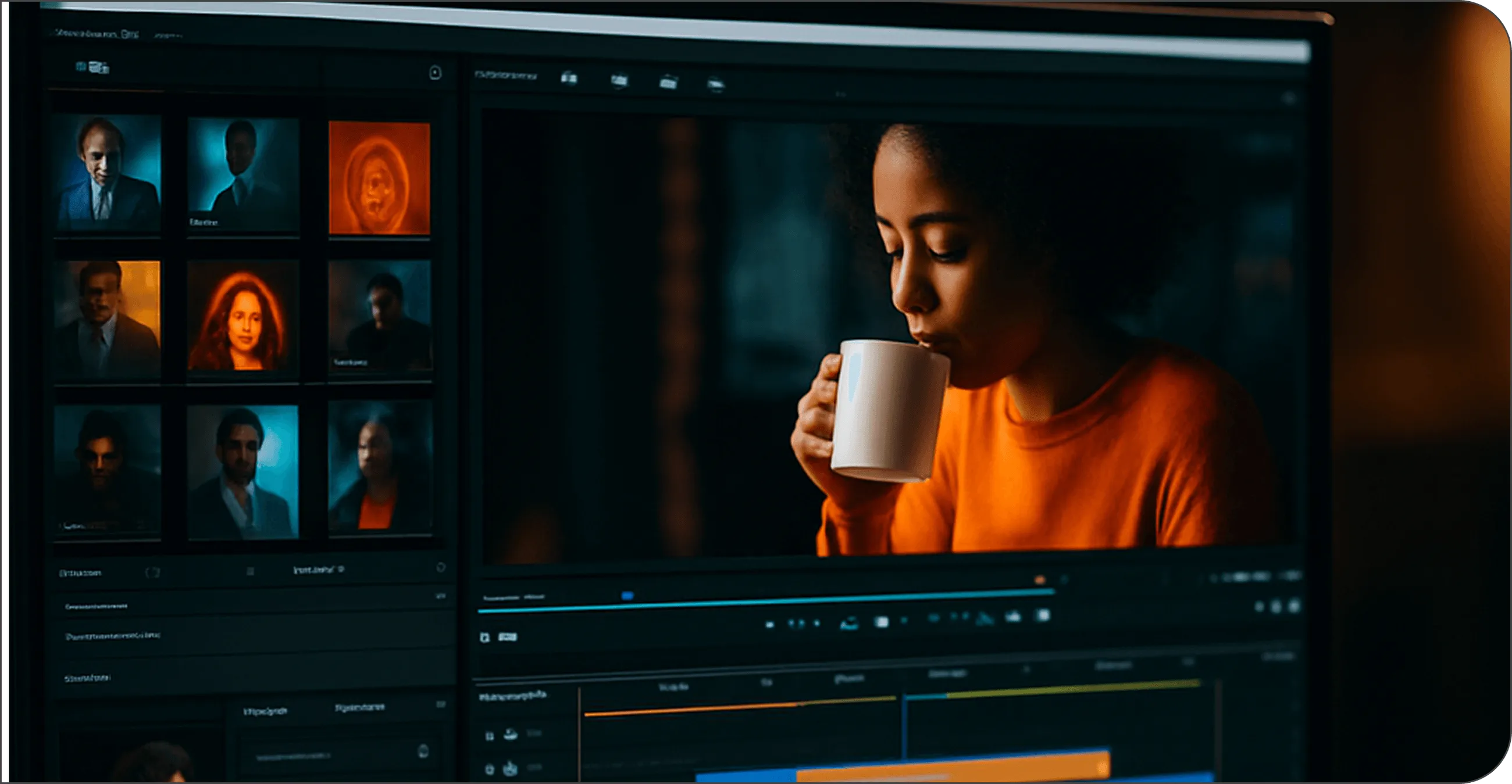 Close-up of a professional in a dark office setting, working on video editing software