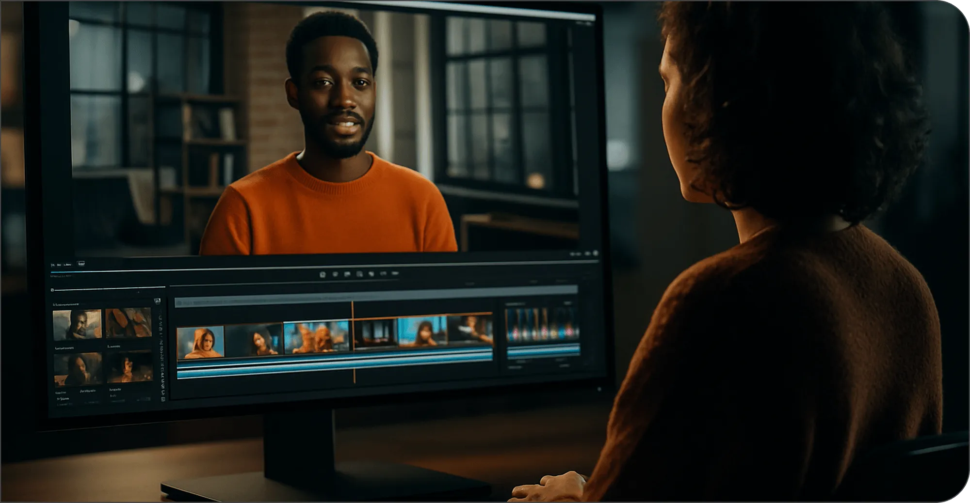 Two people collaborating at a desk with glowing monitors showing creative ad editing.