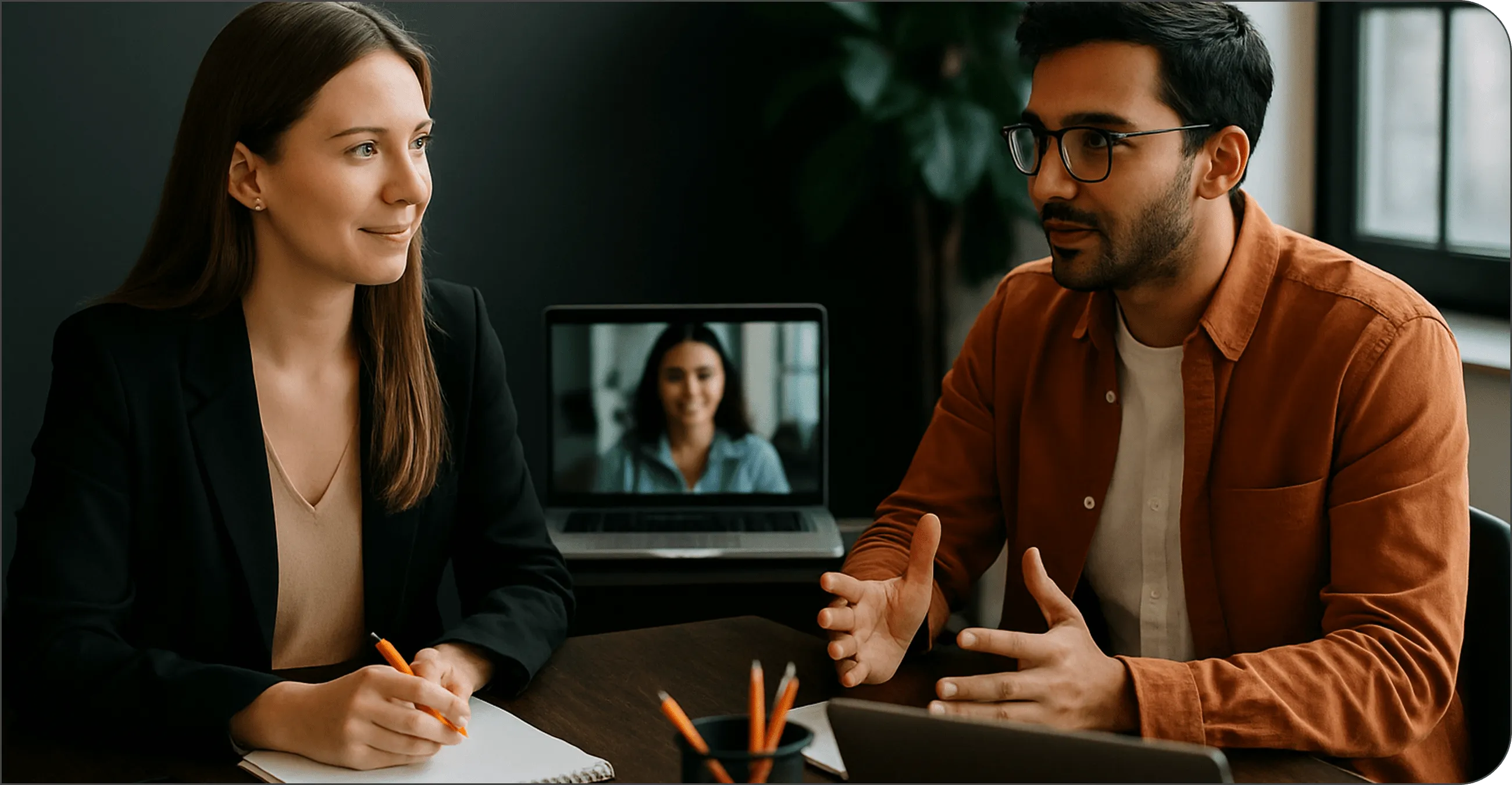 Two people in a casual meeting, smiling and collaborating across a table.