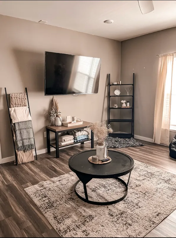 Living area with tv, sofa and coffee table