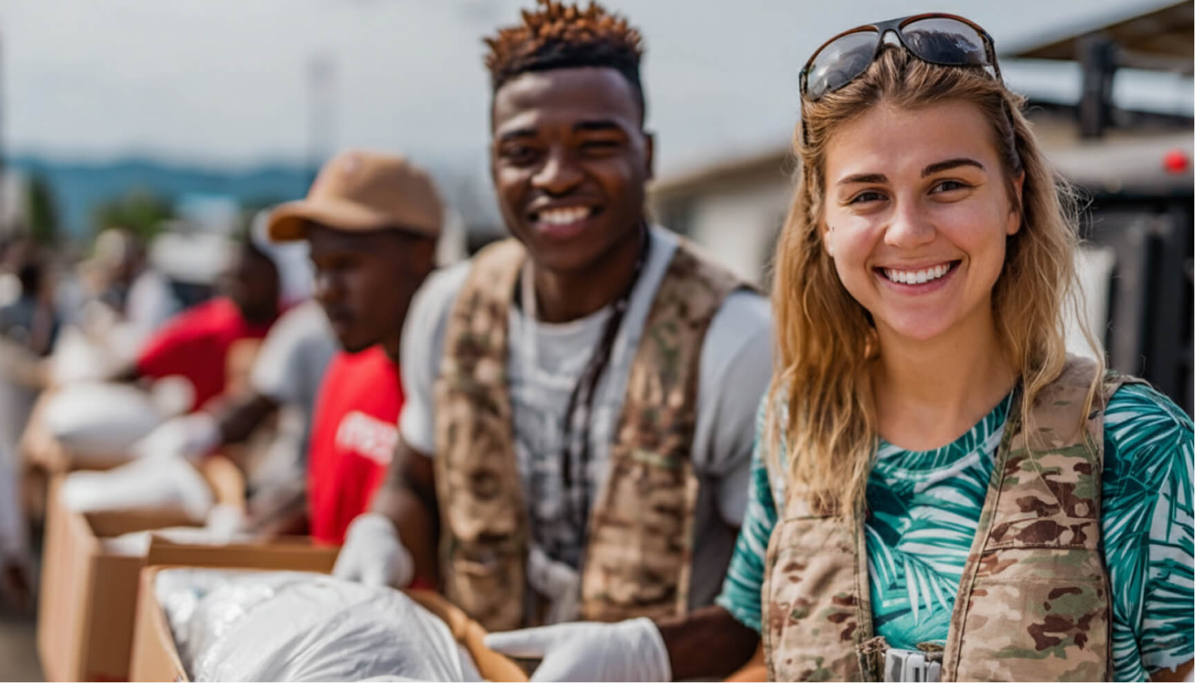 home page banner background depicting two volunteer workers offering aid to those in need