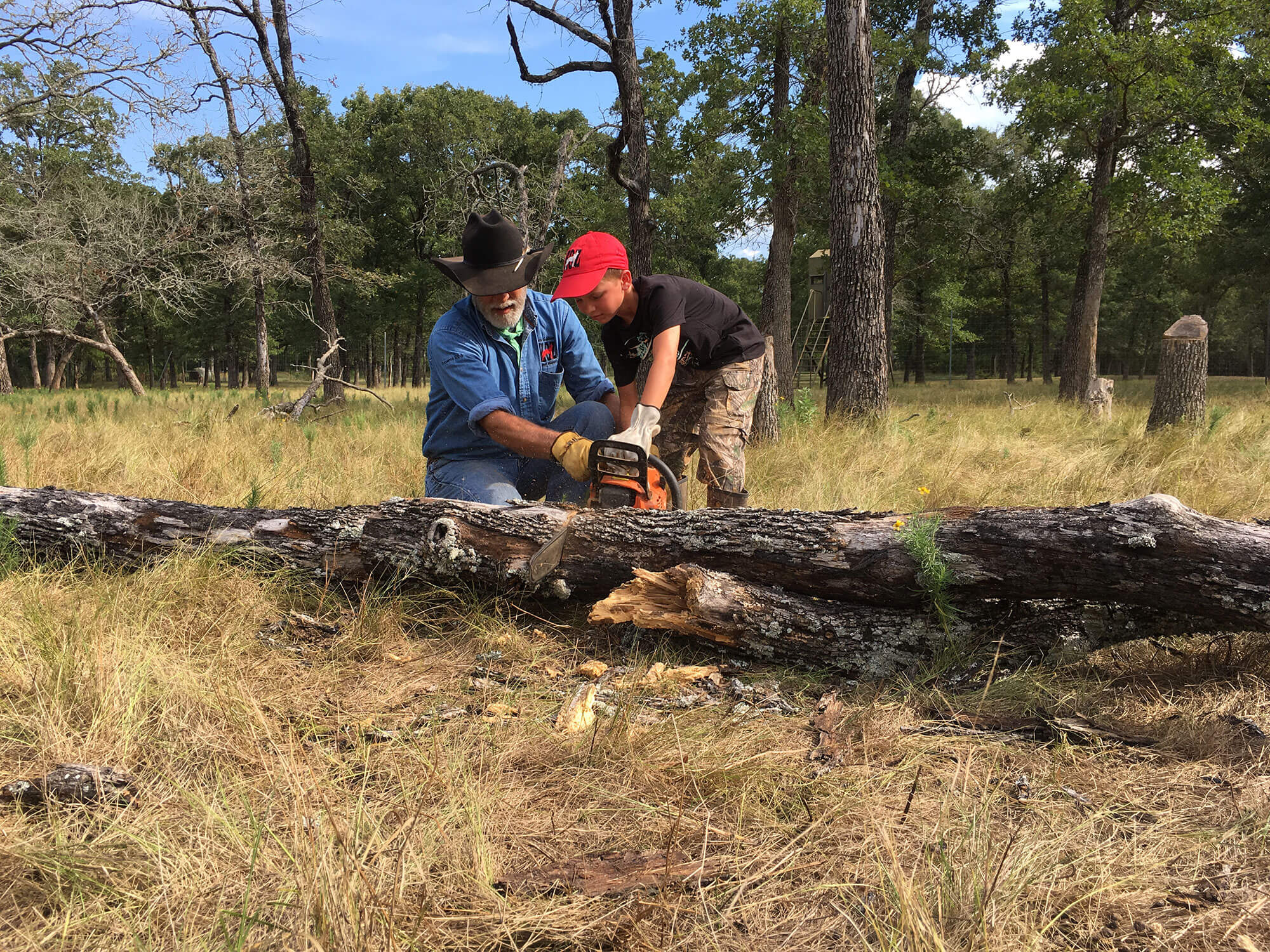 man helps young boy operate a chainsaw to cut a fallen tree