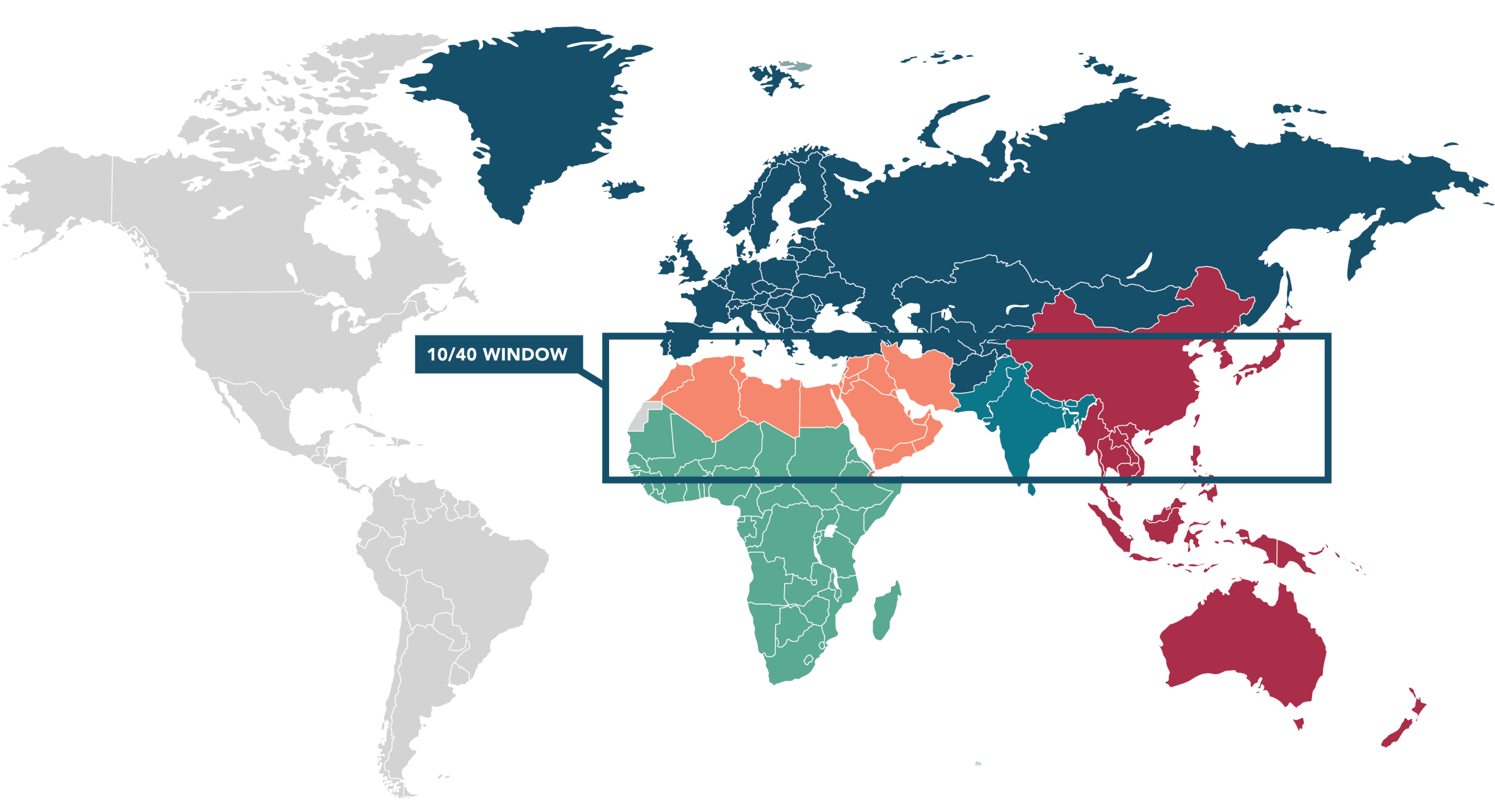 An image of a world map with a box drawn around the 10-40 region, highlighting where the most unreached people groups reside.