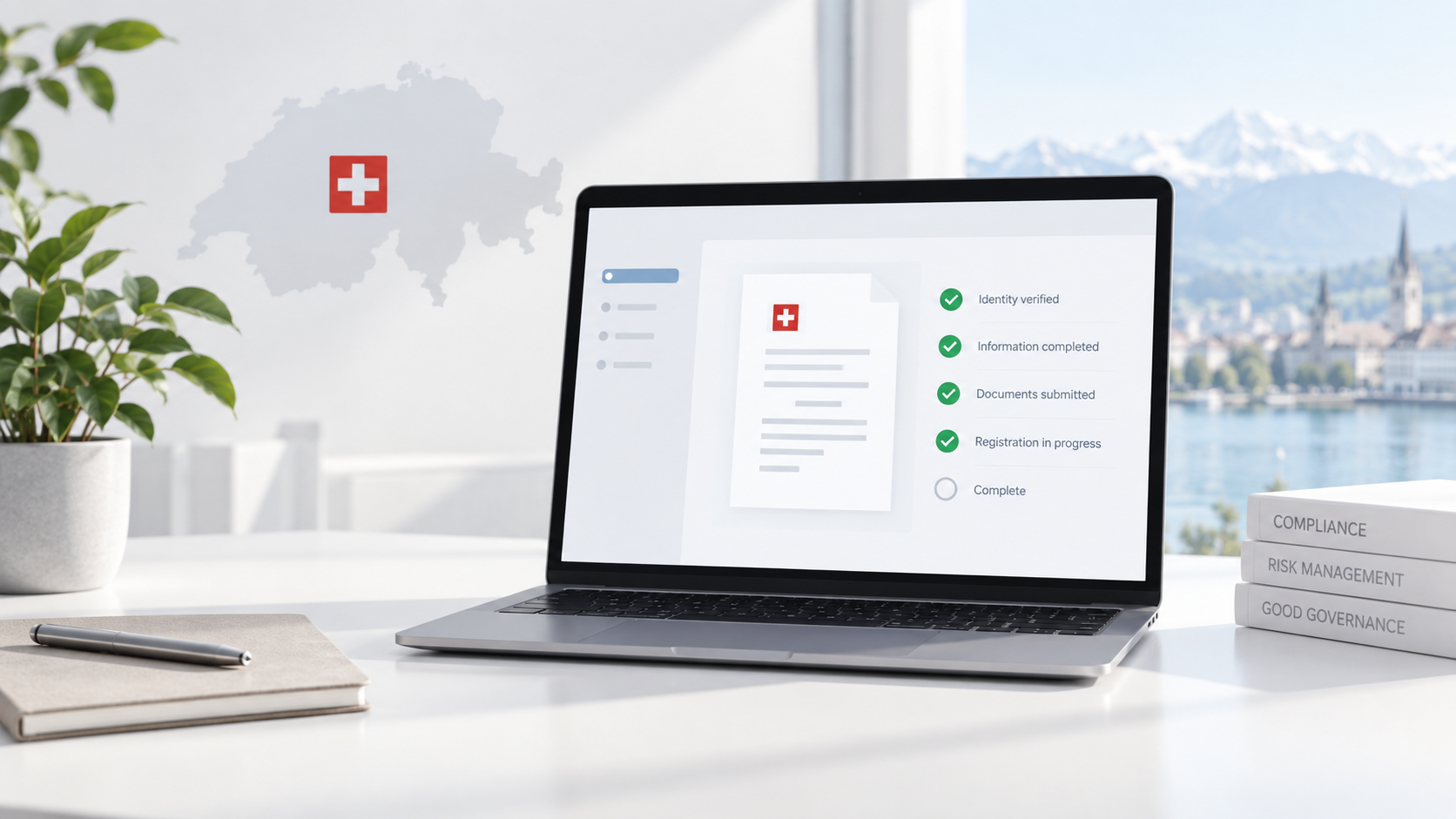 Laptop mit digitaler Registrierungsmaske, Schweizer Symbolik und Compliance-Unterlagen zur Vorbereitung auf das Transparenzregister.