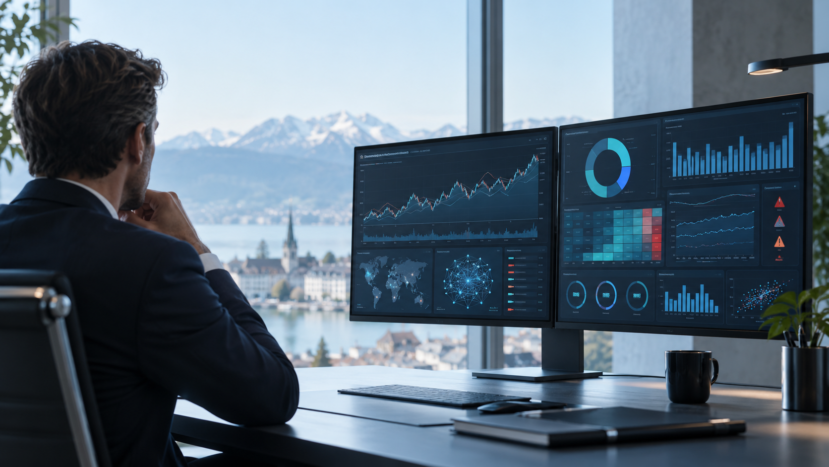 Man at a desk with several screens showing market and analytics charts, mountain panorama in the background