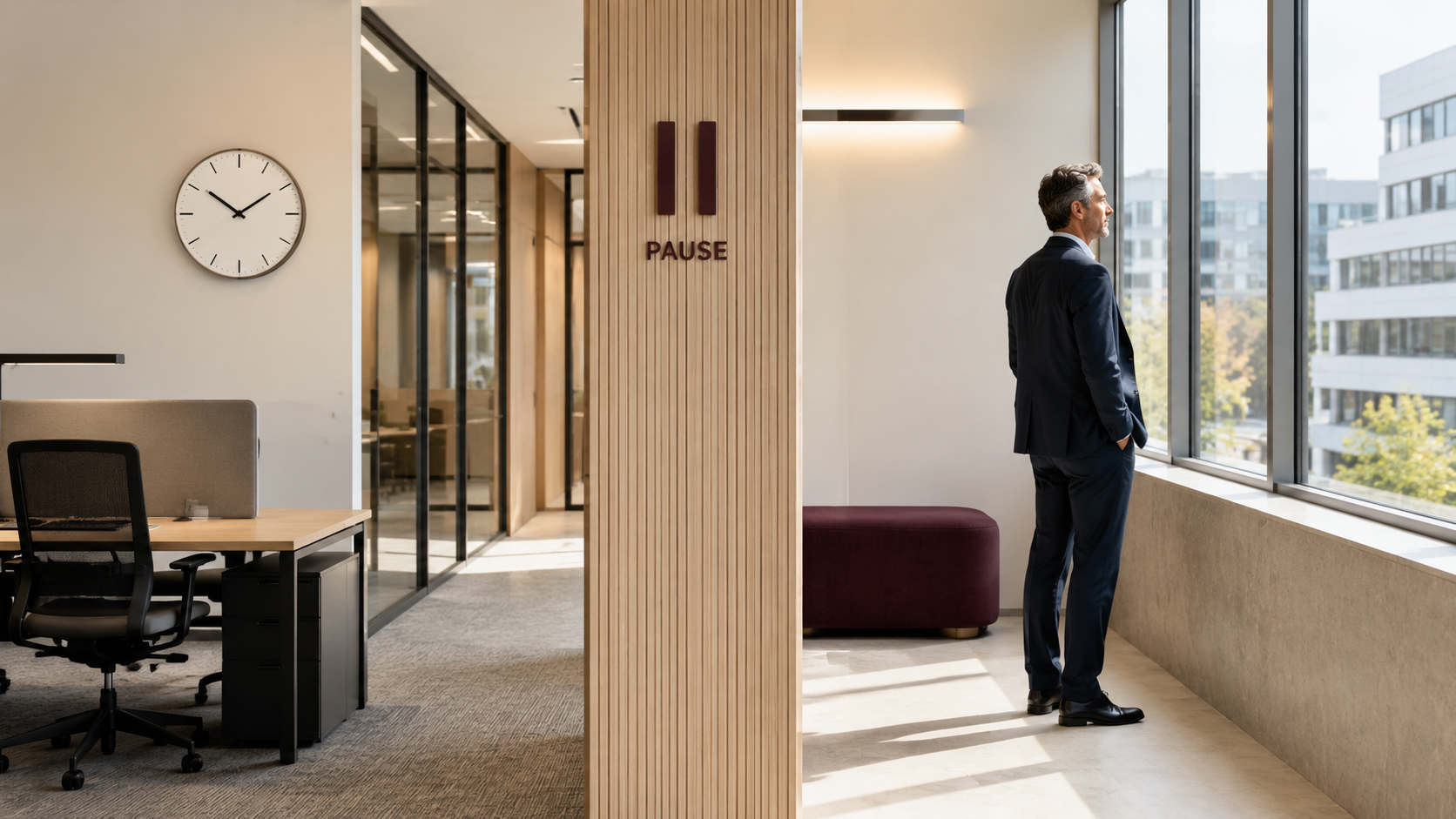 Homme debout dans un bureau devant une fenêtre