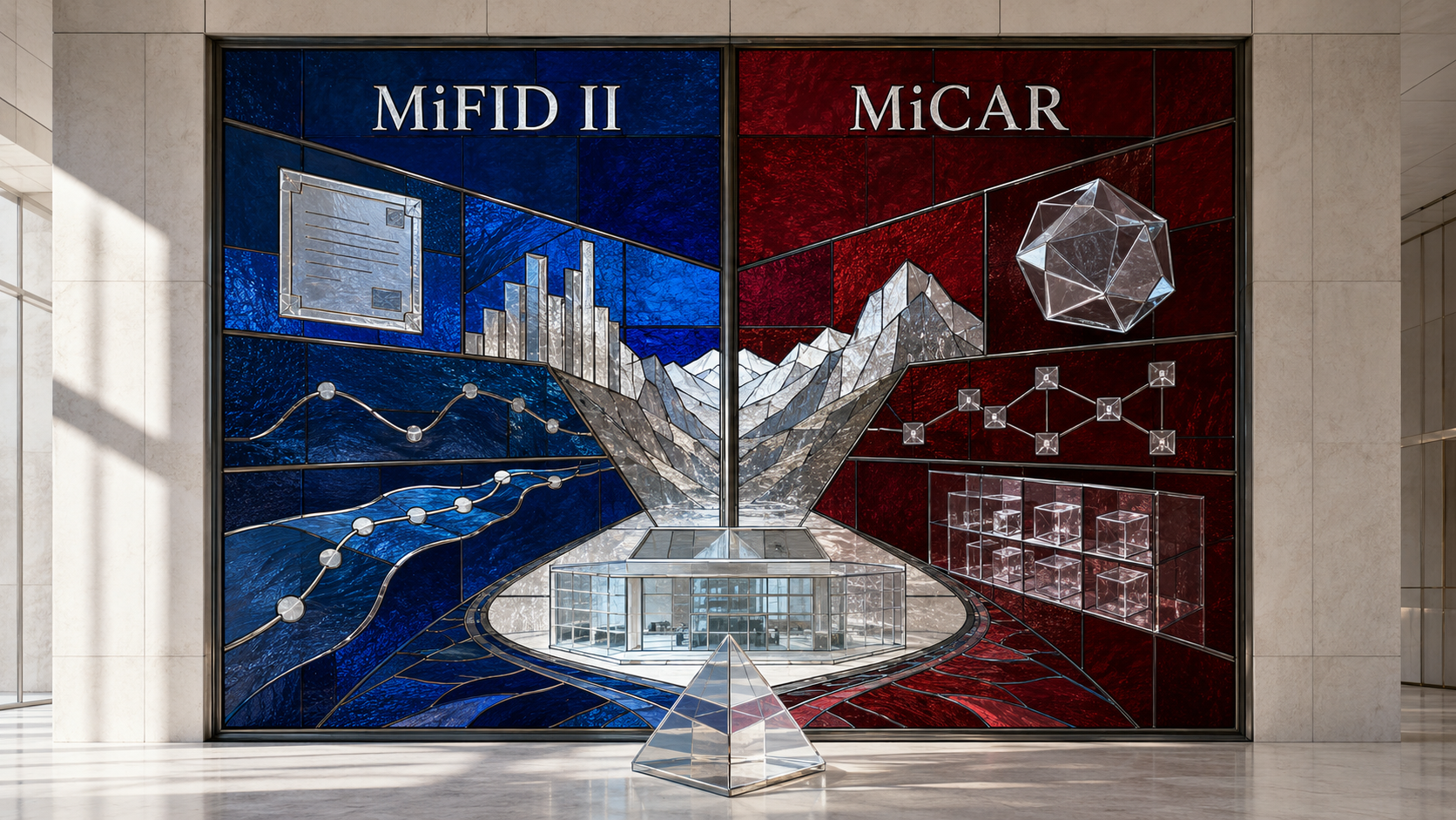 Kristallskulptur vor zwei Tafeln mit den Aufschriften MiFID II und MiCAR