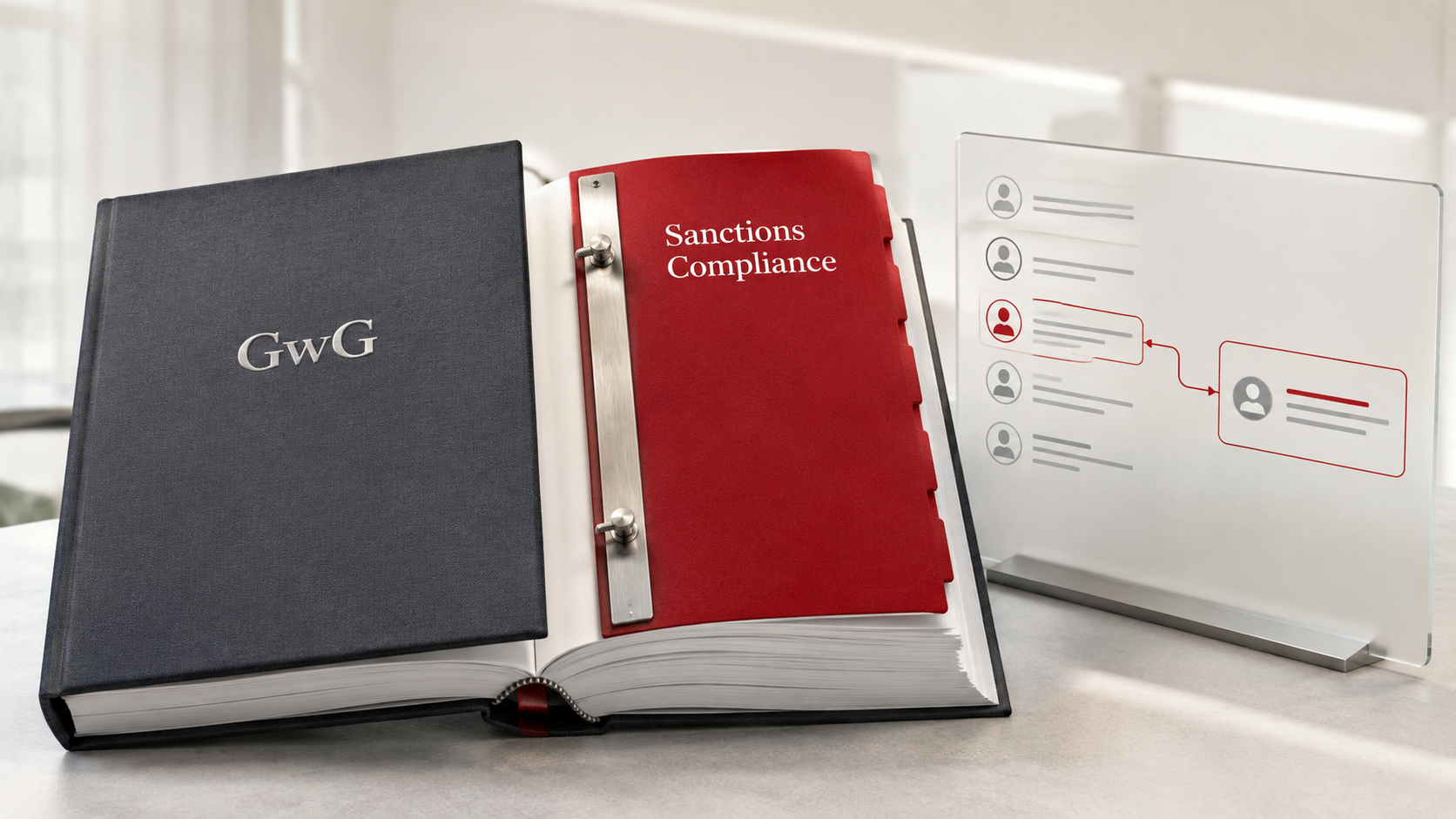 Red statute book labelled GwG next to further documents