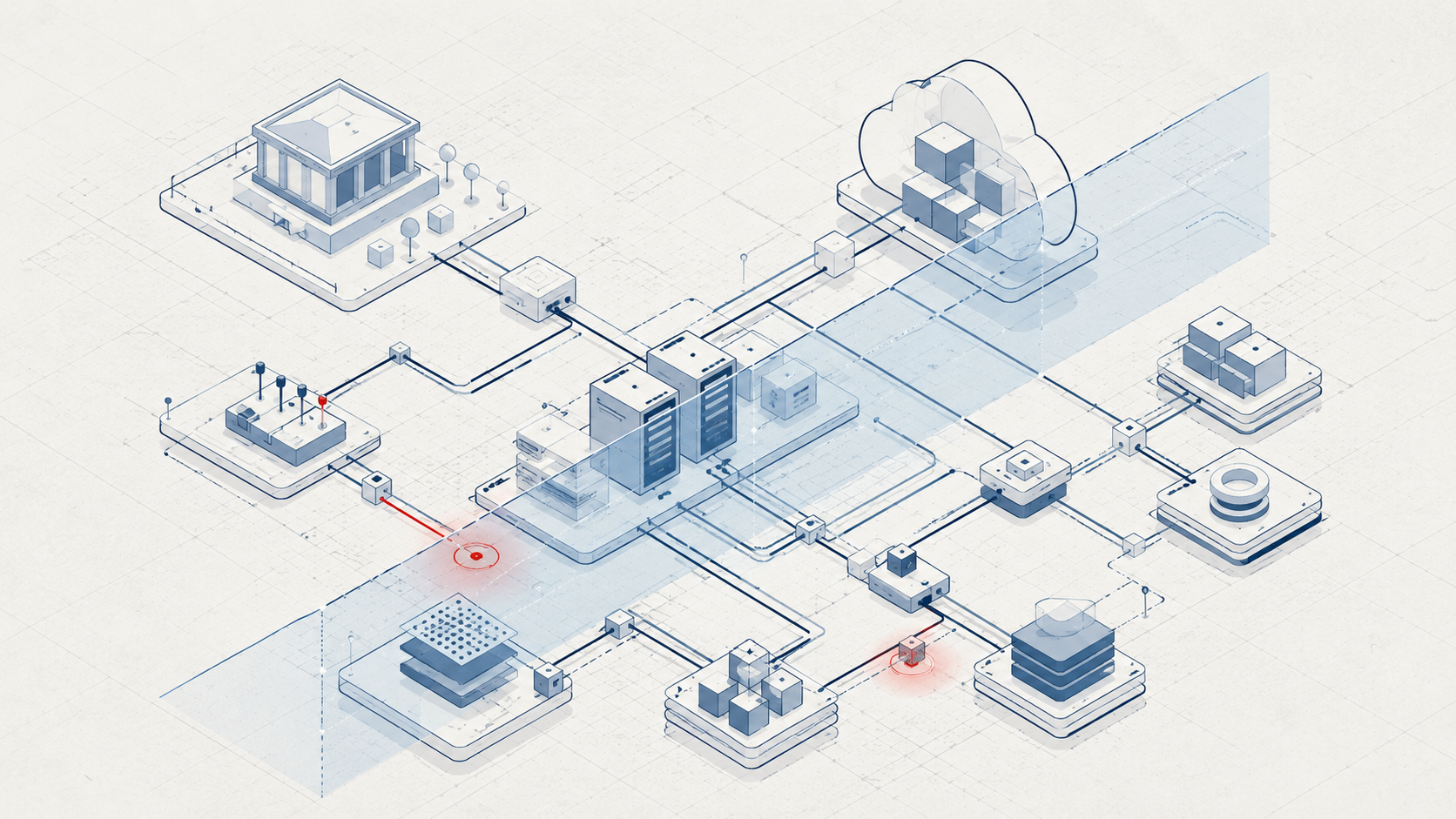Isometric network graphic with buildings and servers, symbolising IT and cyber risks