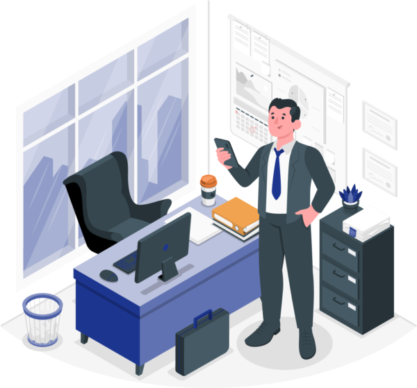 Illustration: Geschäftsmann in einem Büro mit Aktenschrank