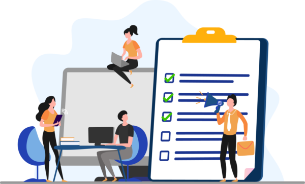 Illustration: people with a checklist next to a screen