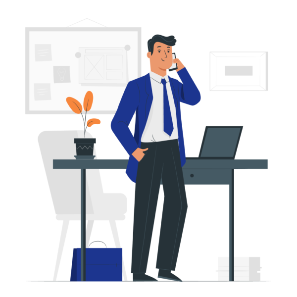 Illustration: Mann im Anzug an einem Schreibtisch mit Laptop