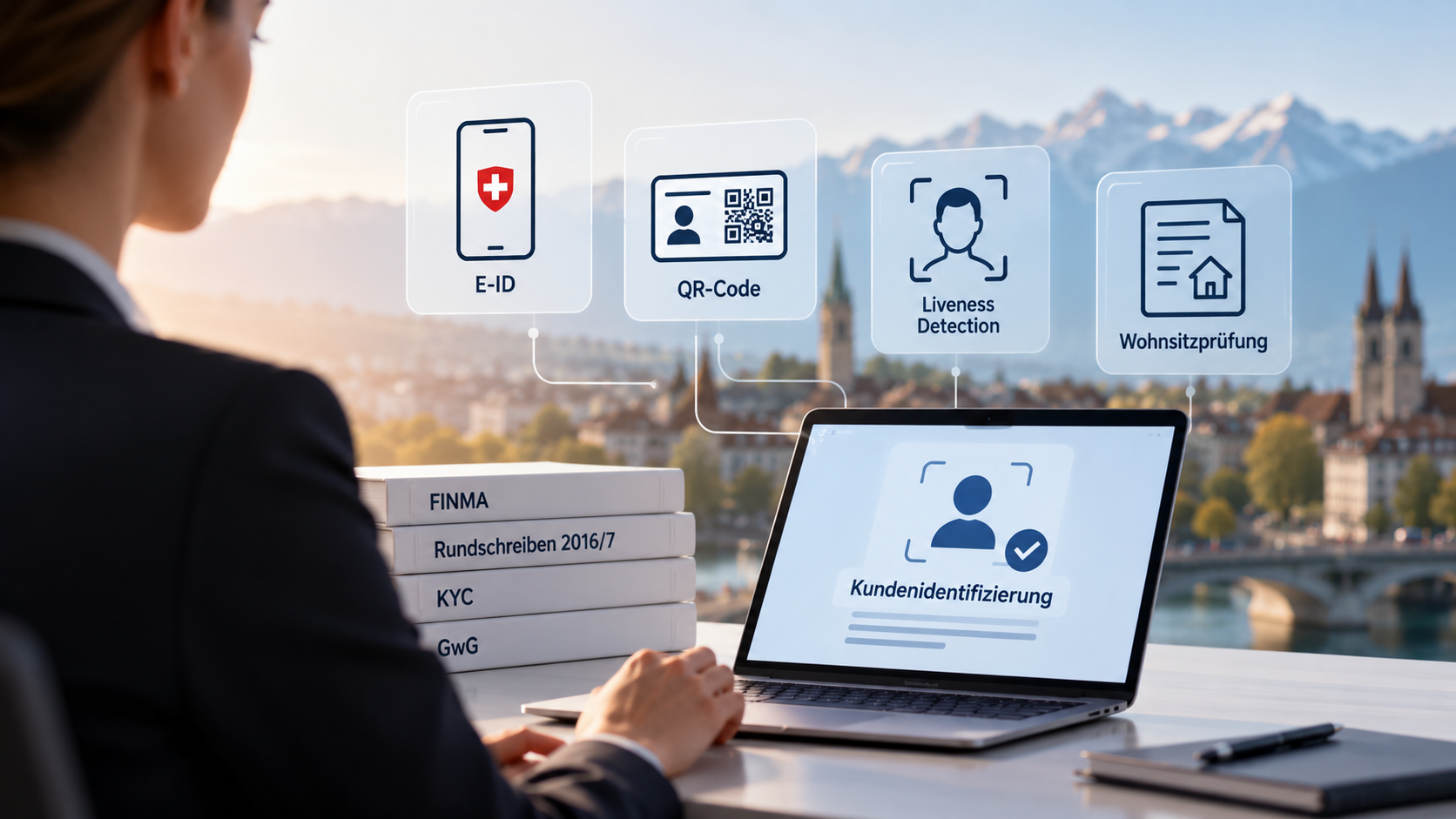 Professionnelle devant un ordinateur portable utilisant l’identification numérique des clients avec e-ID, code QR, détection du caractère vivant et vérification du domicile, avec un panorama urbain suisse en arrière-plan