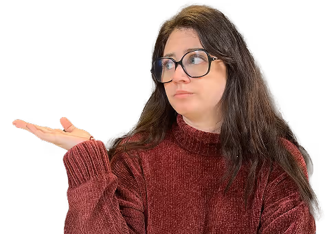 Jeune femme aux cheveux longs et lunettes, portant un pull bordeaux, levant la main gauche avec une expression dubitative.