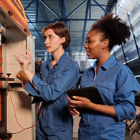 Deux ingénieures en bleu de travail discutent devant un tableau électrique dans un espace industriel moderne.