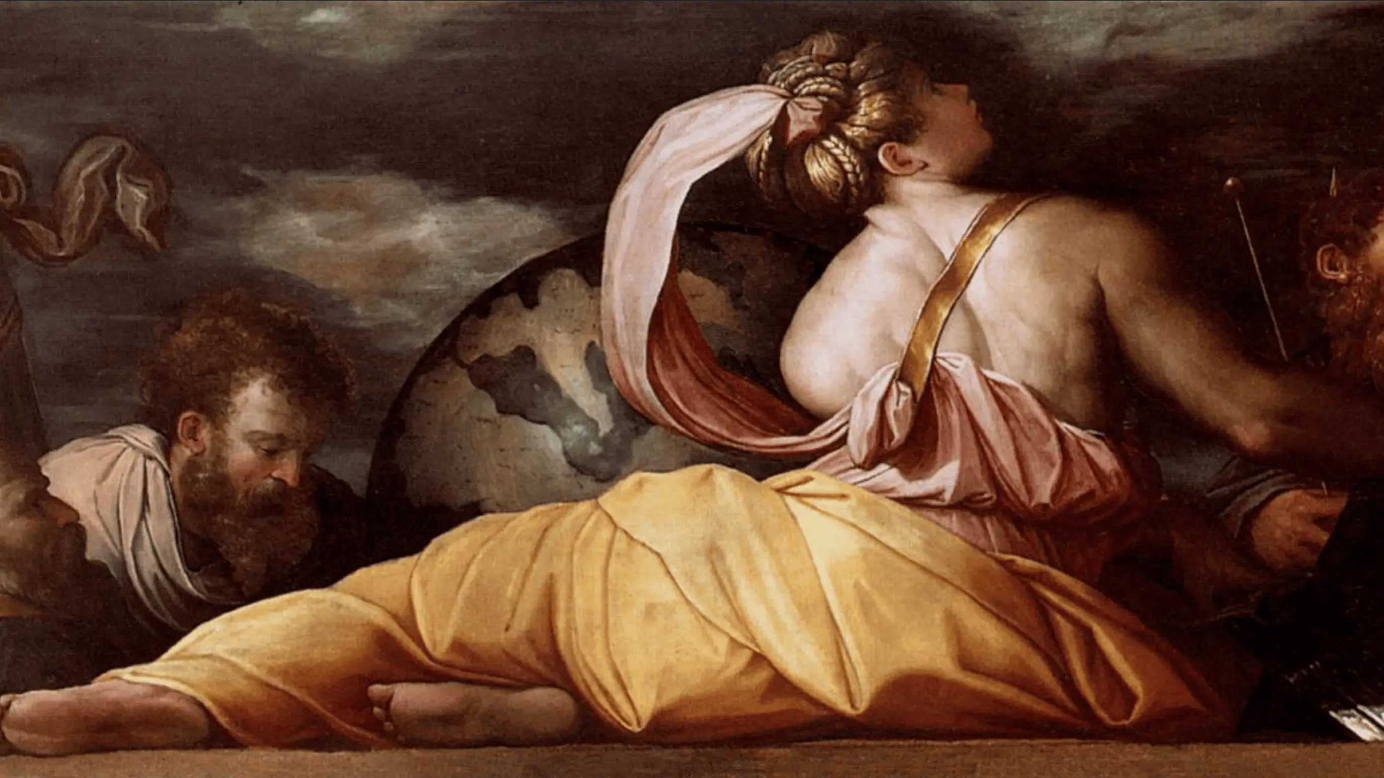 Painting of a woman wearing a toga lying next to a globe against a stormy sky.