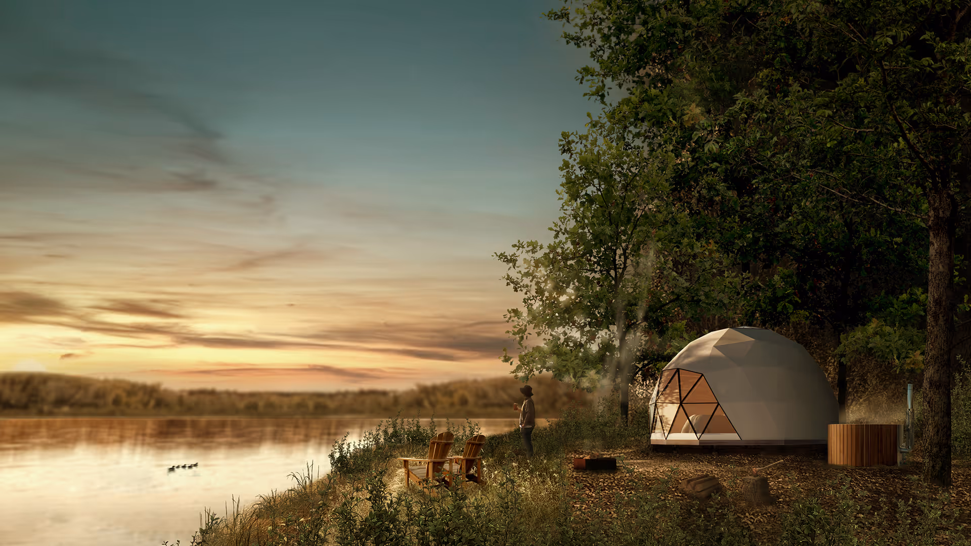 Geodesic dome cabin near lakeside at sunset with two wooden chairs, a person standing, and a hot tub surrounded by trees.