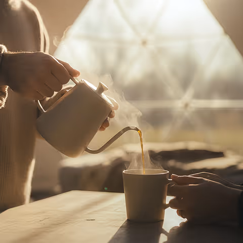 Person pouring hot tea from a kettle into a cup held by another person on a wooden table with warm sunlight in the background.