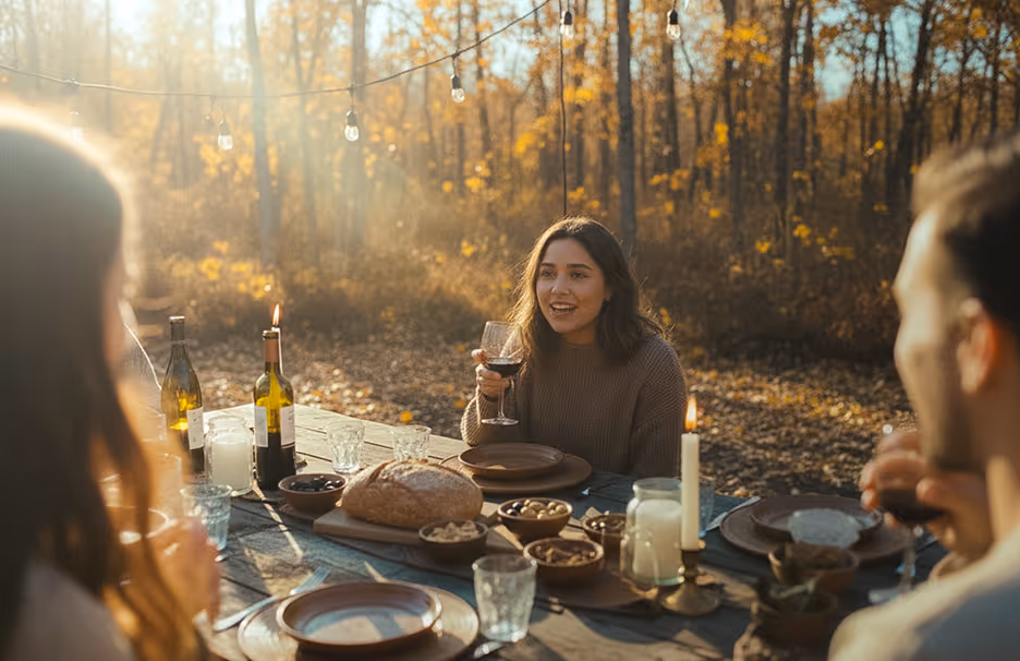 Group of people enjoying an outdoor meal at a rustic table with bread, bowls, candles, and wine during sunset in a wooded area.