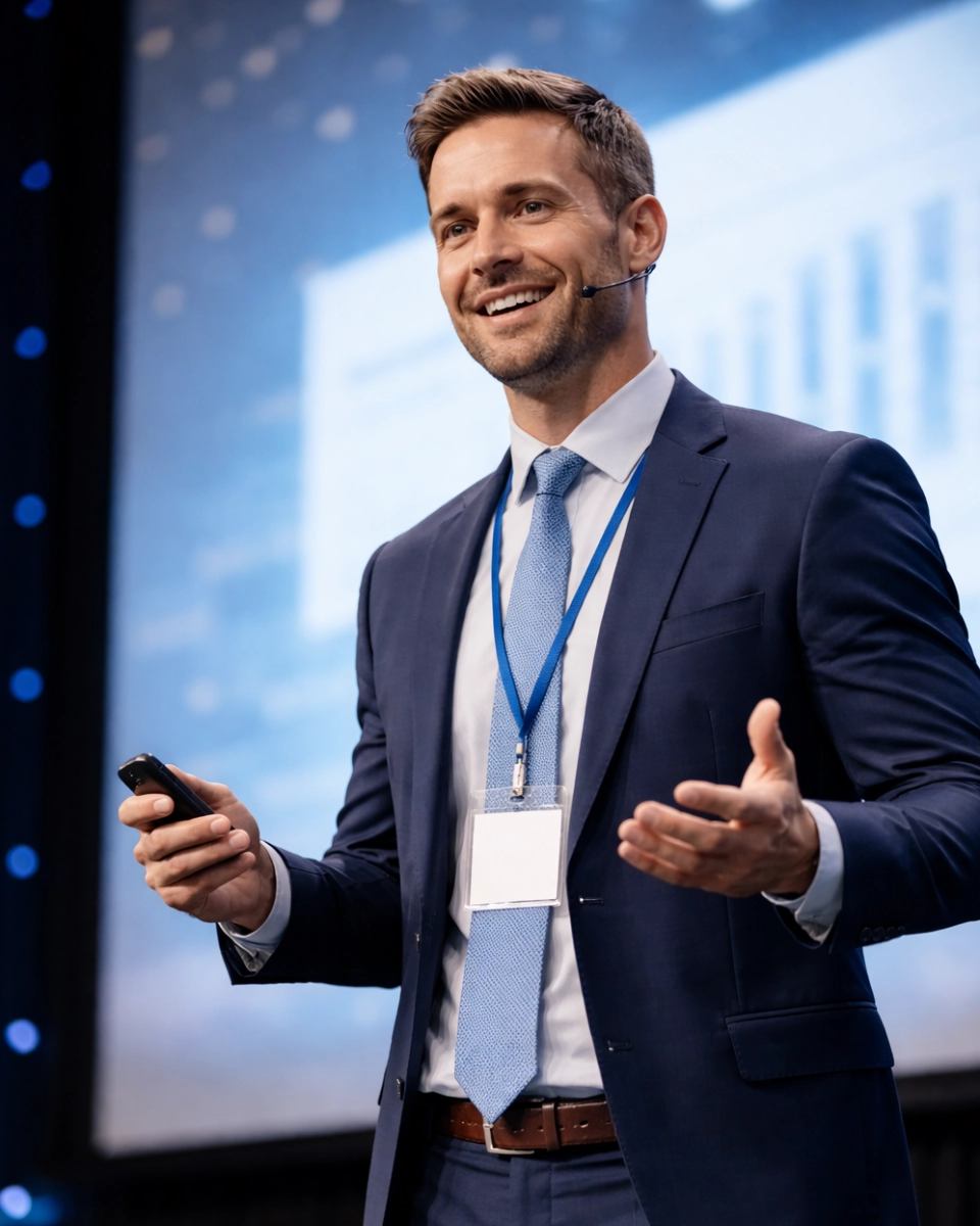 A smiling man in a suit speaks on stage, holding a remote. He wears a blue tie and lanyard, exuding confidence and engagement.