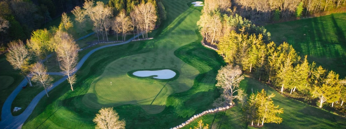 Aerial view of Black Bear Ridge golf course with a putting green, sand bunker, surrounding trees, and fairway under natural sunlight.