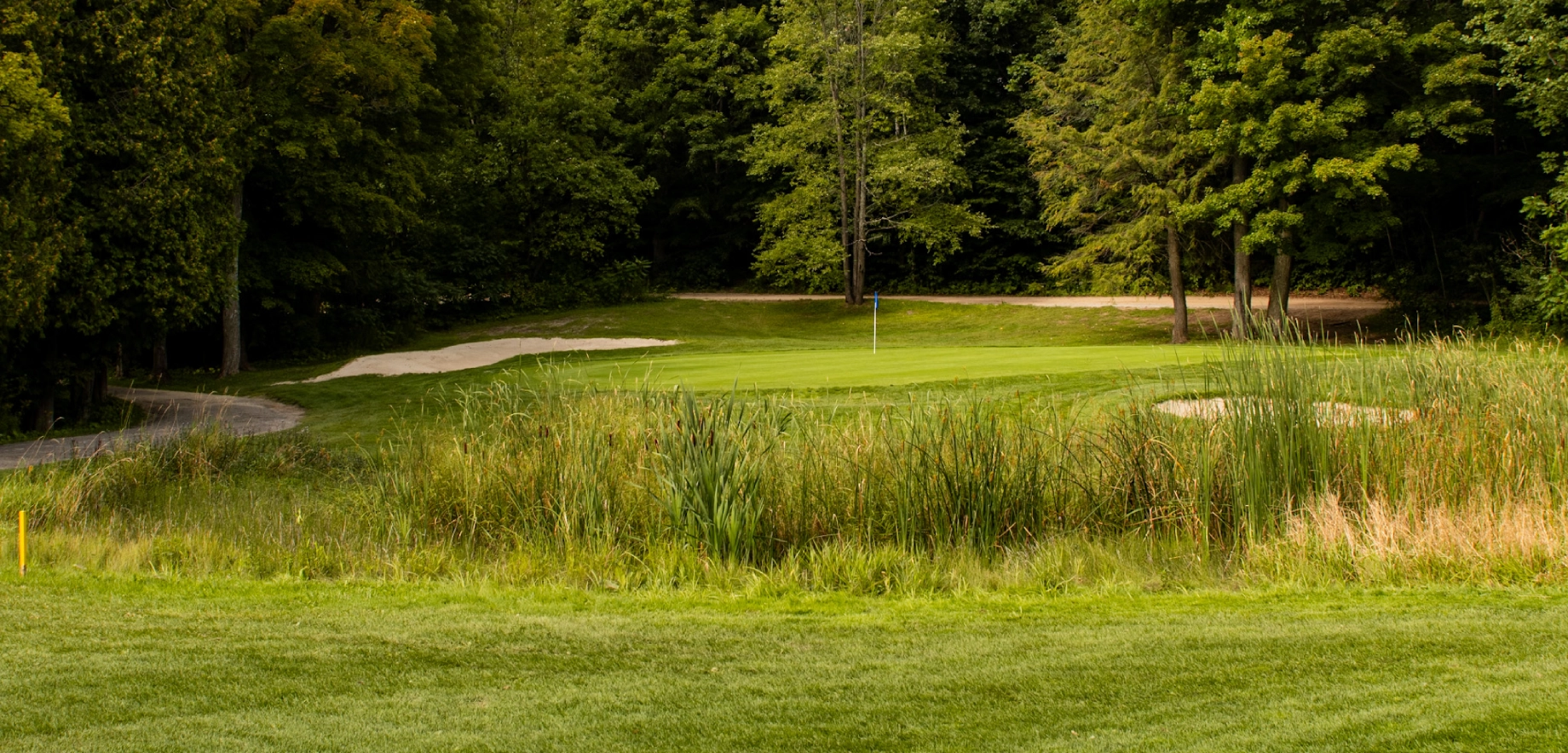 The lush Horseshoe Valley Resort golf course green surrounded by dense trees and sand bunkers under a vibrant sky, conveying a tranquil and inviting atmosphere.