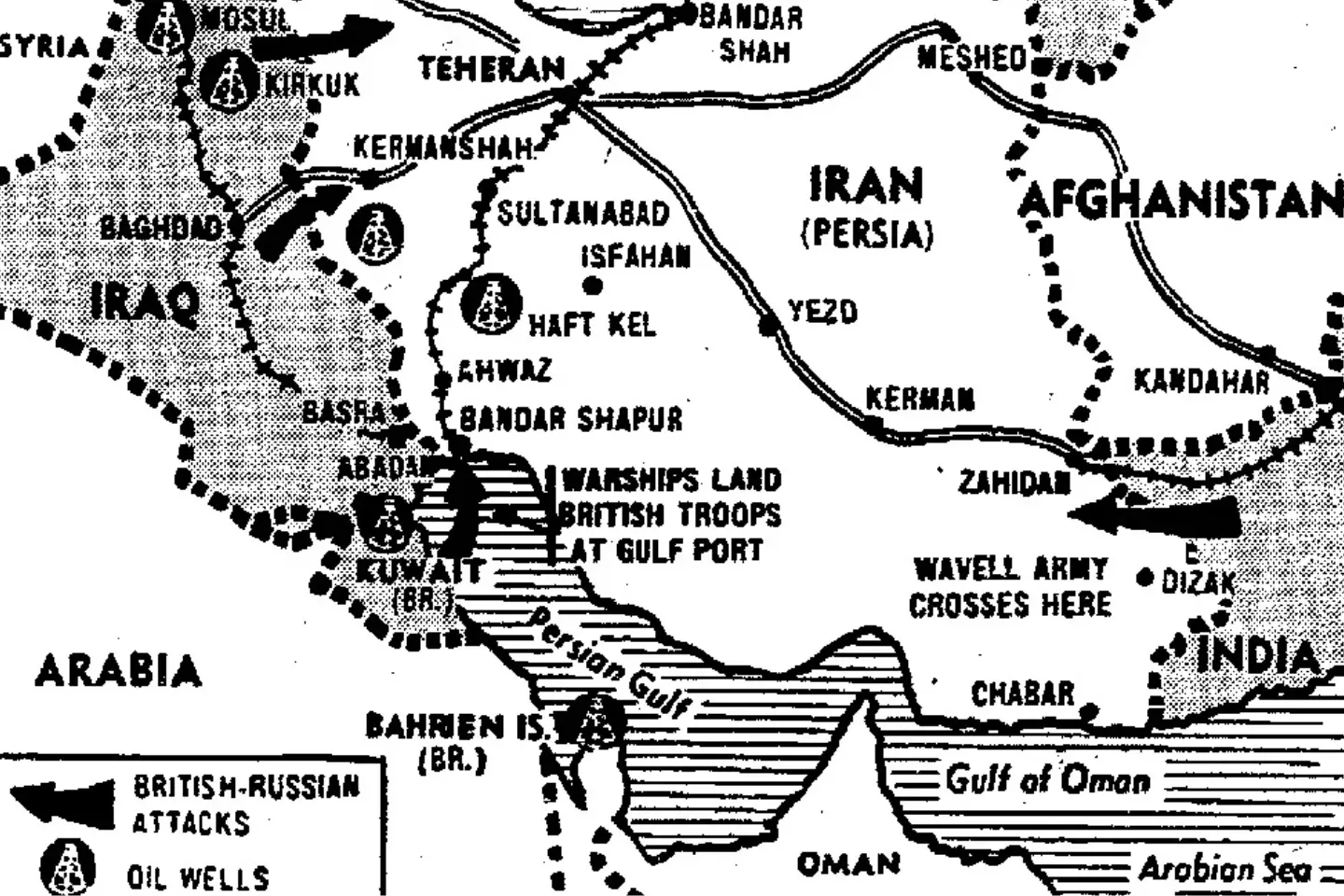 A detailed map depicting the Middle East in the 1940s, highlighting territorial divisions and major cities.