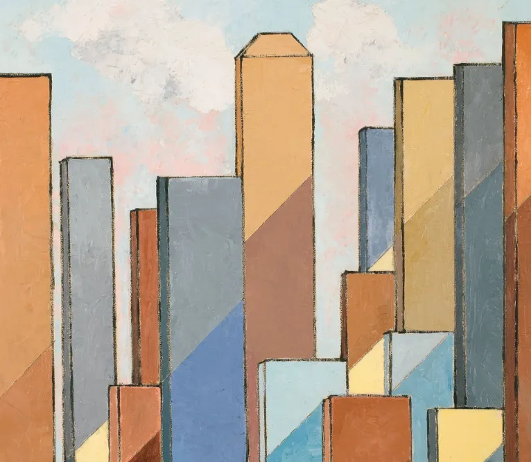 A Cubist-influenced cityscape of geometric skyscrapers in muted terracotta, slate blue, ochre, and cream against a pale cloudy sky.