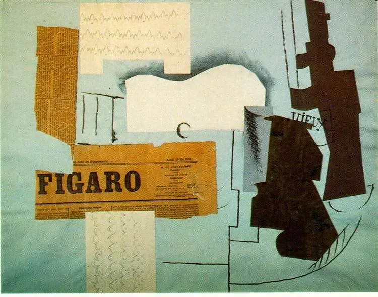 A Cubist collage incorporating torn newspaper fragments — including a masthead reading "FIGARO" — along with cut paper shapes in brown, white, and grey suggesting a guitar or violin form, set against a pale blue-green background