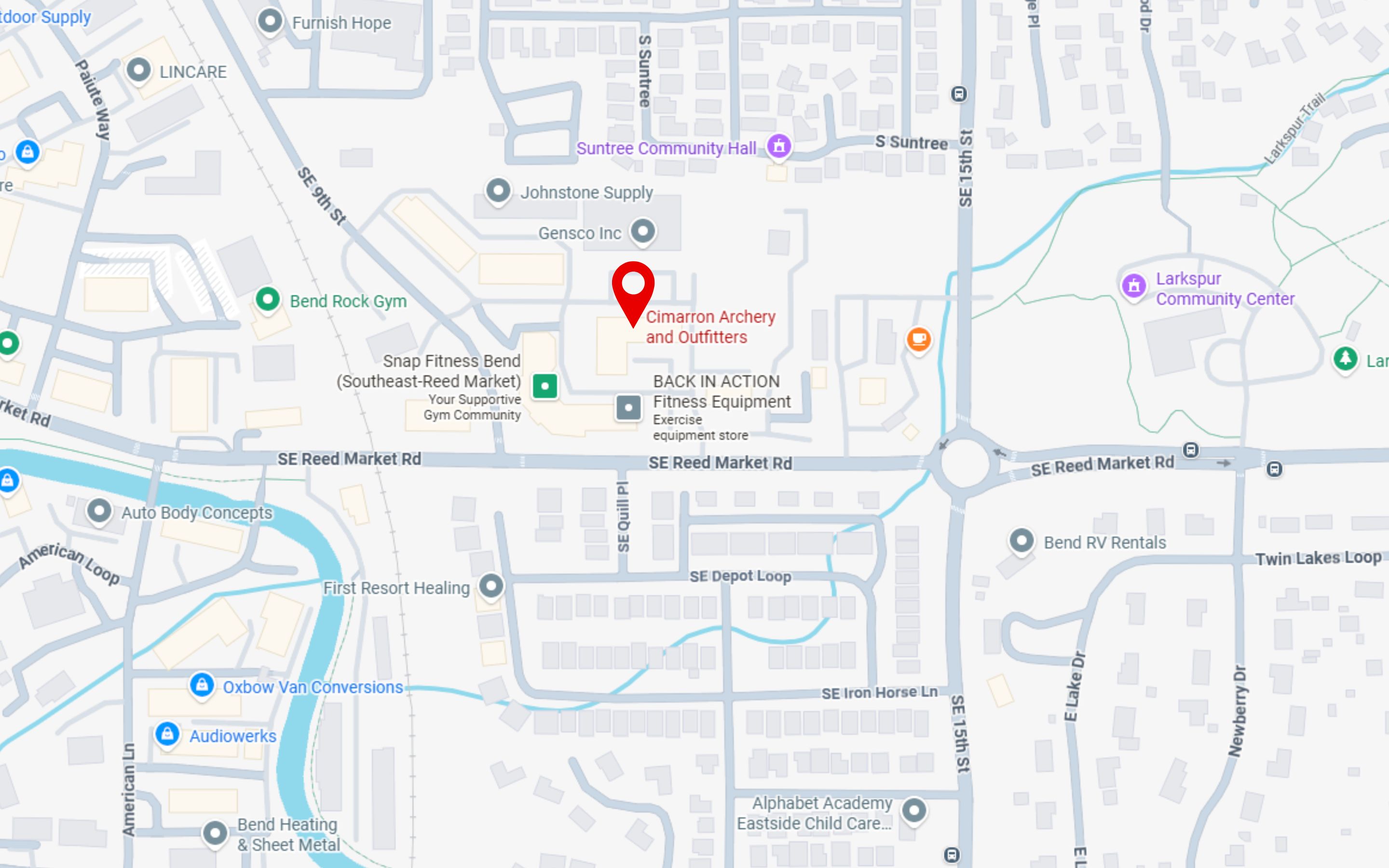 Map showing Cimarron Archery and Outfitters marked with a red location pin near SE Reed Market Rd and SE 15th St, with nearby businesses and community centers.