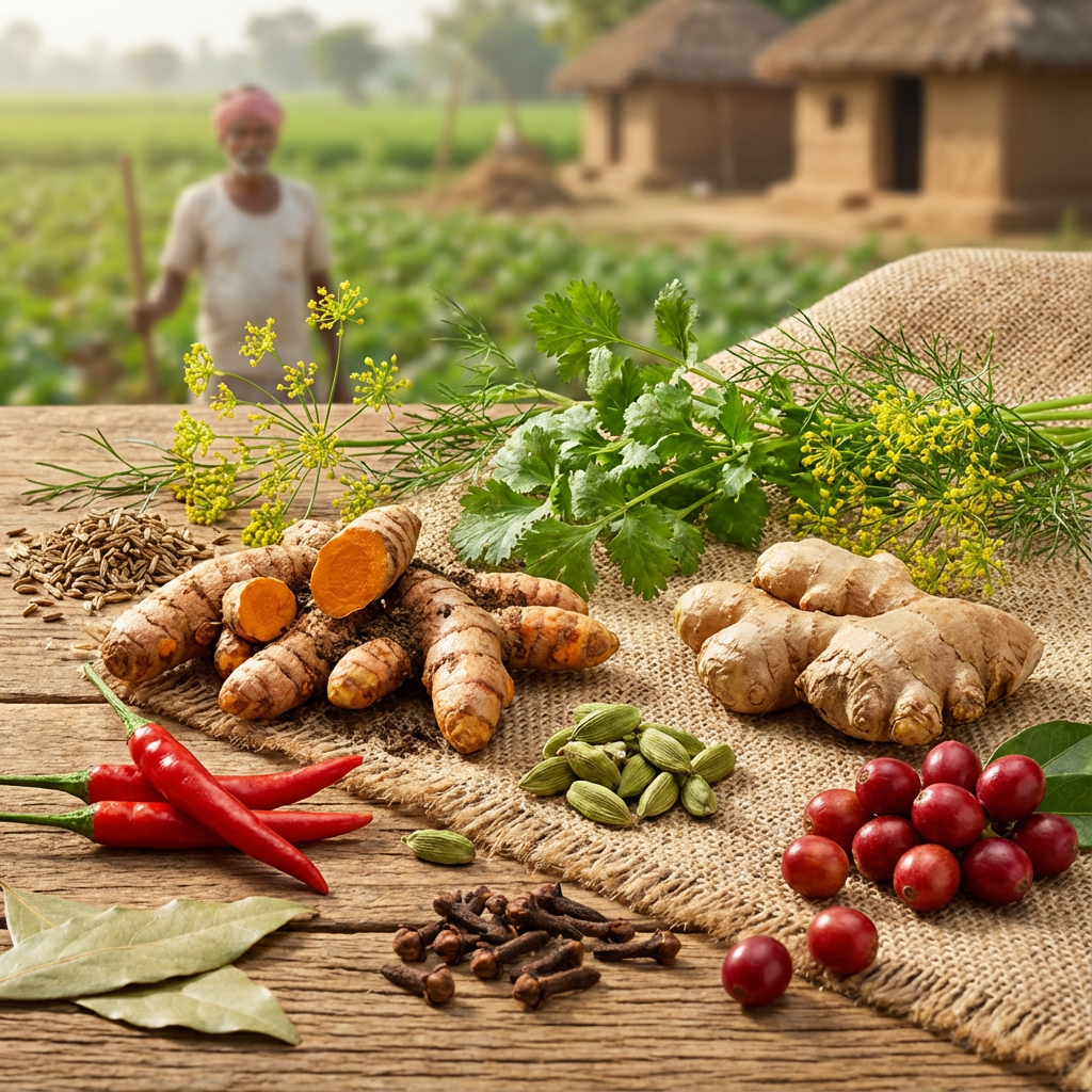 Farmer-sourced spices and agricultural products arranged to represent export-ready sourcing