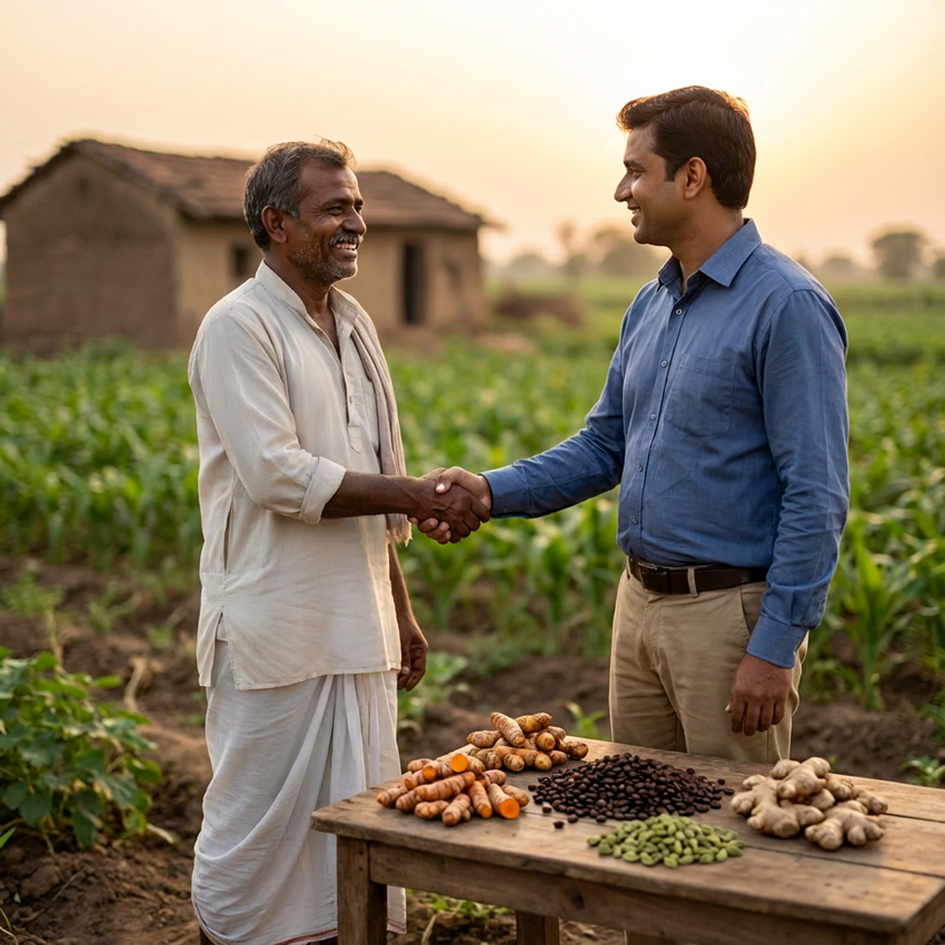 Exporter and farmer shaking hands in a field, representing long-term sourcing partnership and trust