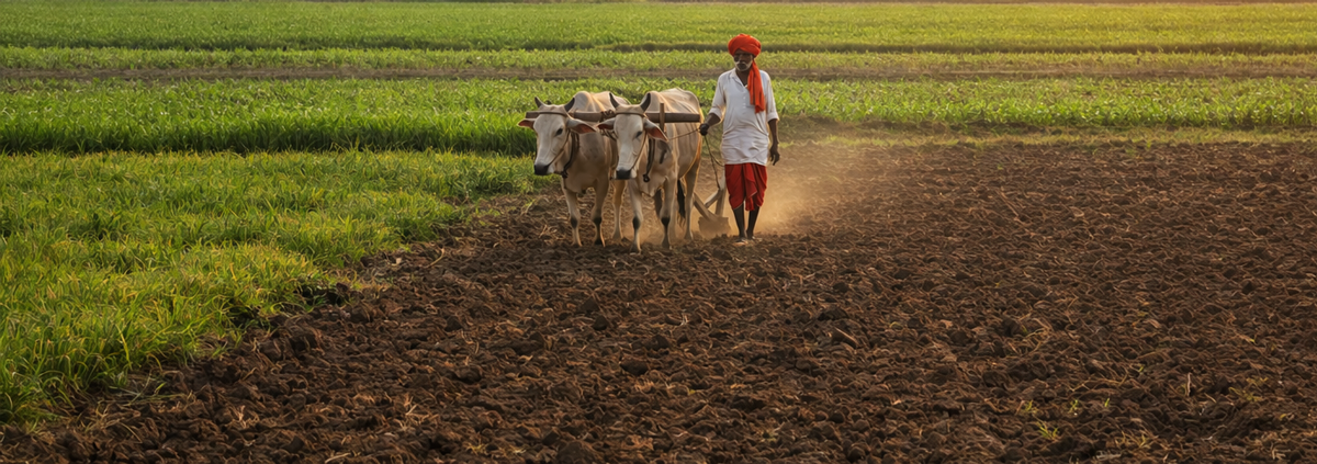 Farmer preparing agricultural land using traditional methods as part of the sourcing process