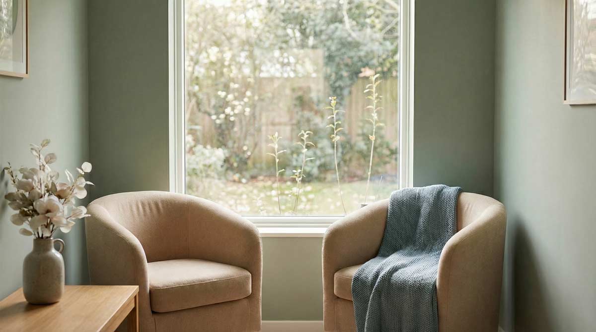 Calming therapeutic environment designed for trauma-informed mental health healing
