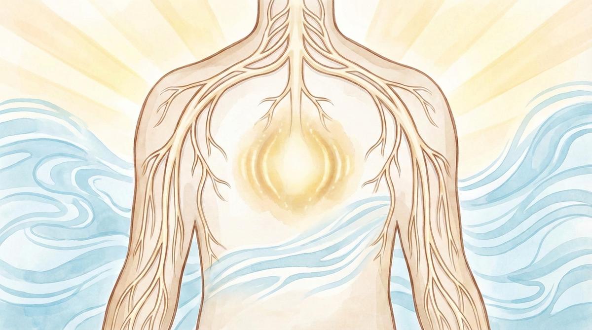 Warm illustration of a human nervous system with the amygdala highlighted in soft gold, representing anxiety physiology and the path to nervous system regulation