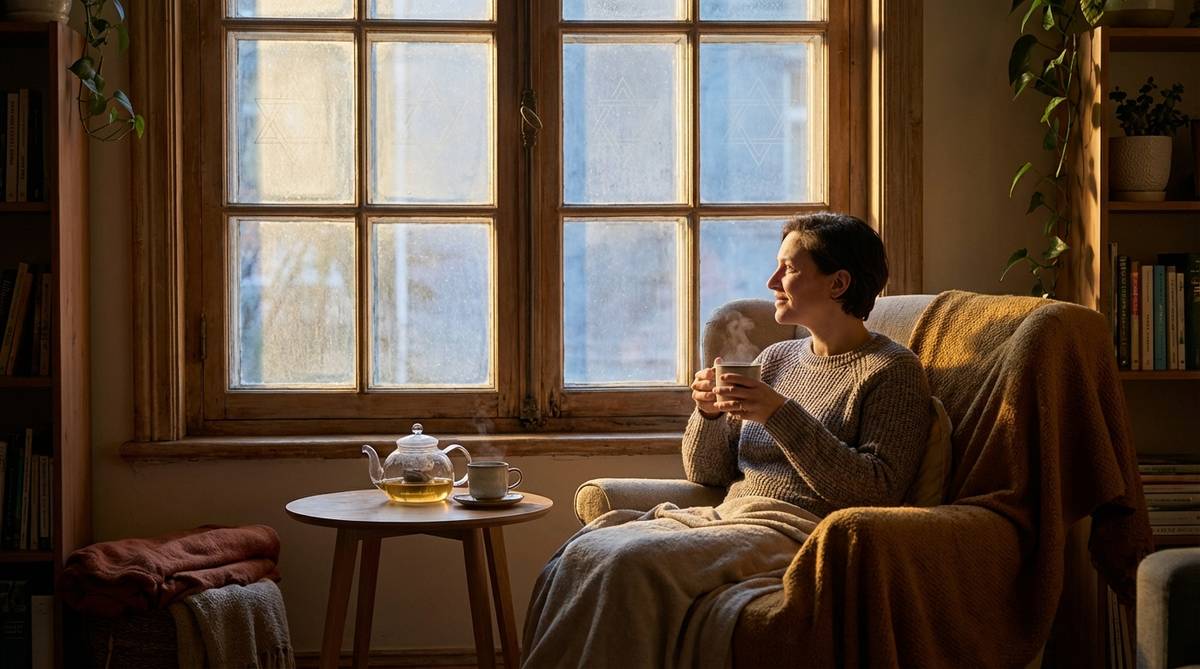 Person sitting quietly by a window with warm morning light, representing hope and healing in alcohol addiction recovery