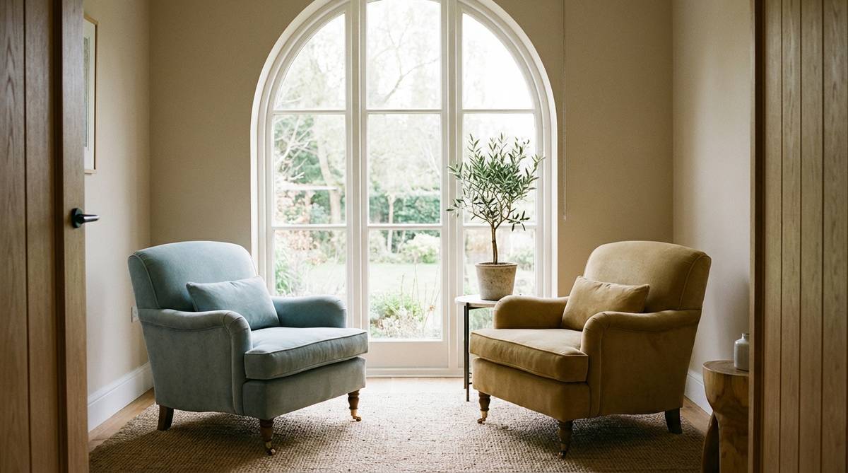 Calm therapy setting with two chairs by a window, representing the supportive environment of DBT skills training