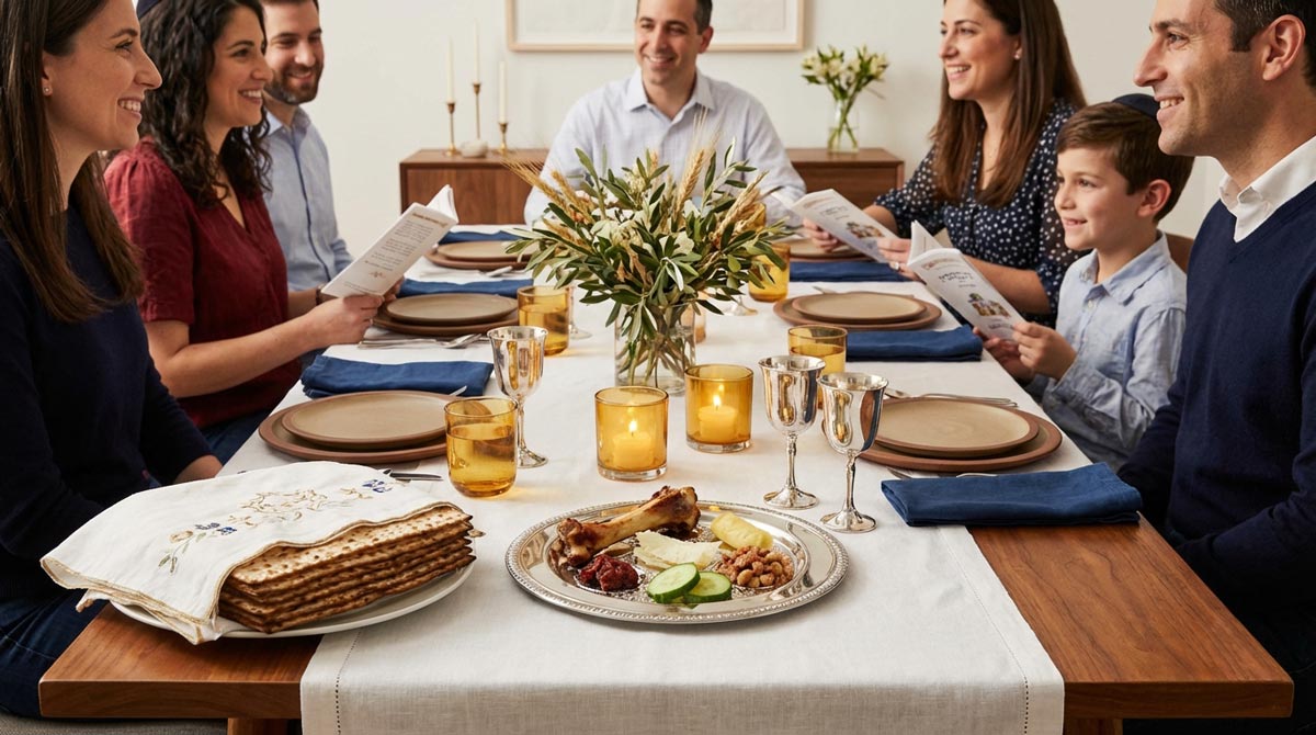 A beautifully set Passover Seder table with matzah, wine cups, and candlelight, symbolizing community, reflection, and the possibility of freedom