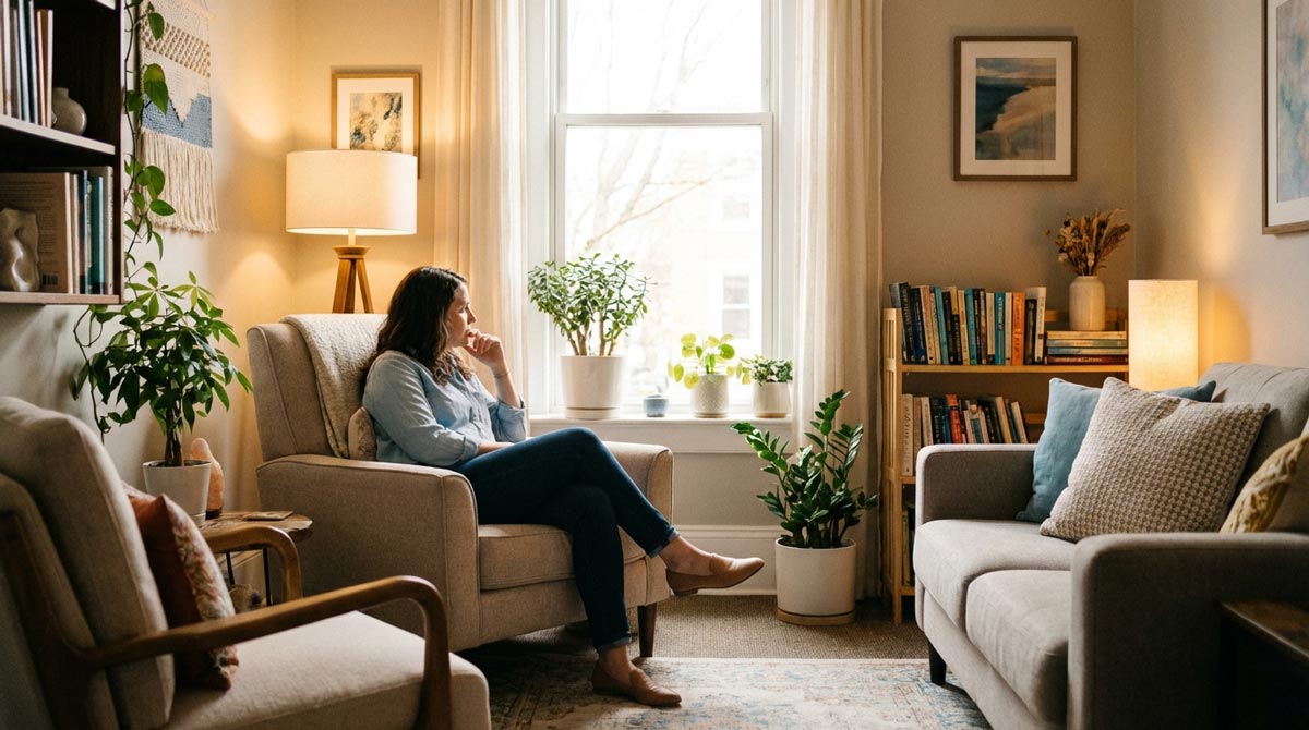 A person sitting thoughtfully in a warmly lit therapy office with natural light and plants, representing integrated mental health and addiction treatment