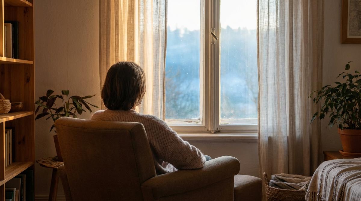 Person sitting in a softly lit room looking toward a window, representing reflection and hope in pornography addiction recovery
