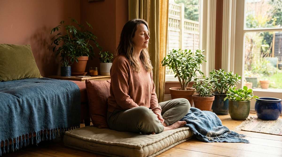 Person seated in a softly lit room with eyes closed in quiet reflection, representing mindfulness practice in mental health recovery