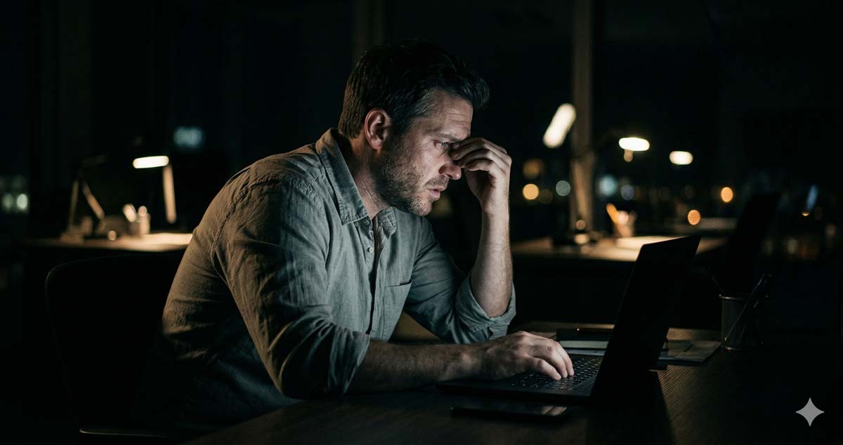 A professional pausing at their desk to look out a window, conveying the tension between achievement and personal wellbeing