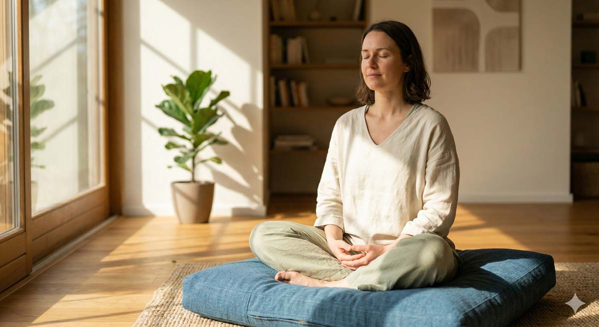 A person sitting in a sunlit room in a posture of mindful stillness, conveying calm and psychological presence