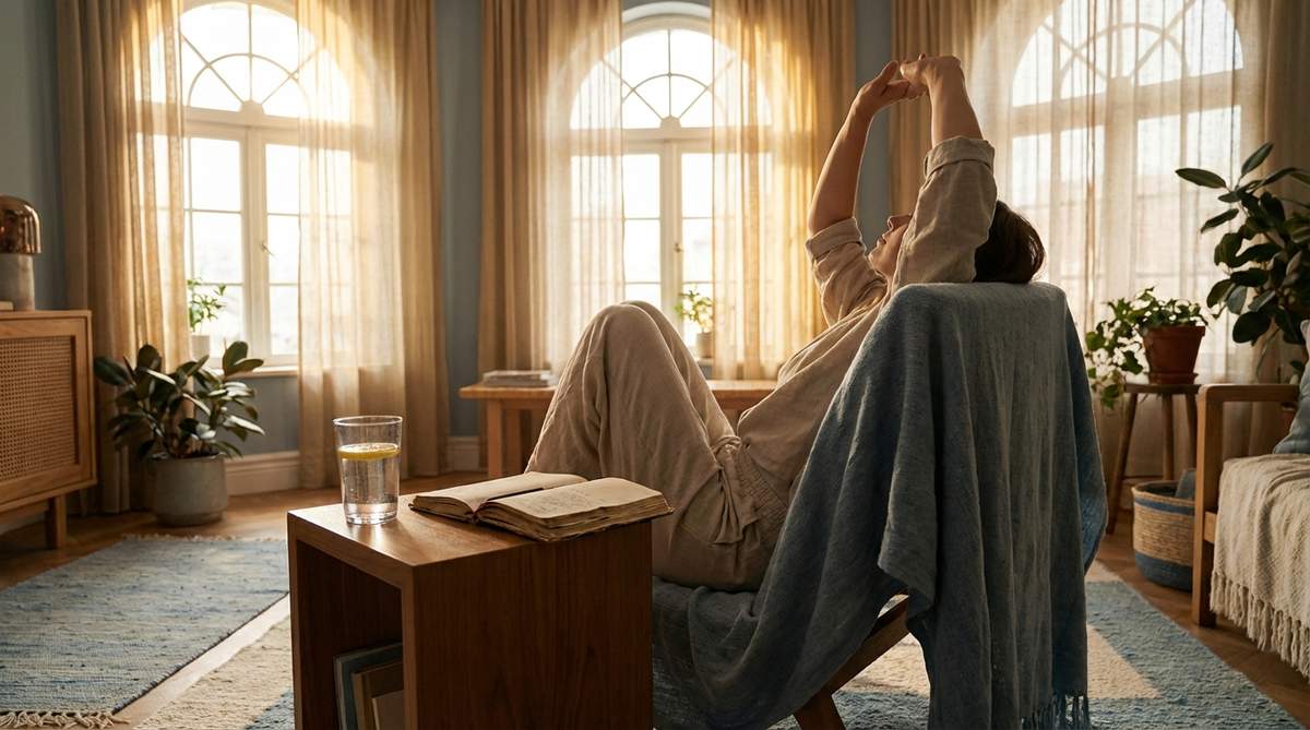 Person doing gentle morning stretching near a sunlit window with a glass of water and journal nearby