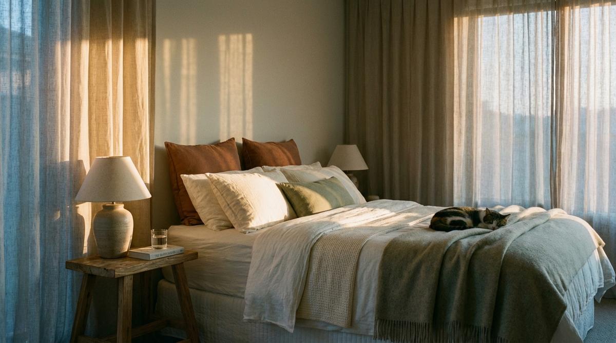 A serene bedroom at dusk with warm golden light through sheer curtains, soft white linens, and a bedside table with a book, representing restorative sleep for mental wellness
