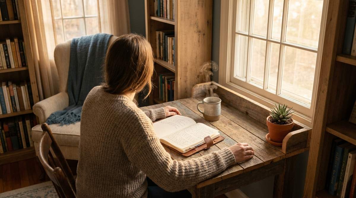 Person journaling at a warm wooden desk with natural light, representing reflection and relapse prevention planning in recovery