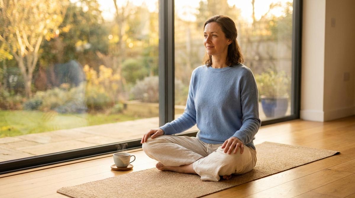 Person sitting calmly on a yoga mat near a sunlit window, representing stress management and mental wellness practices