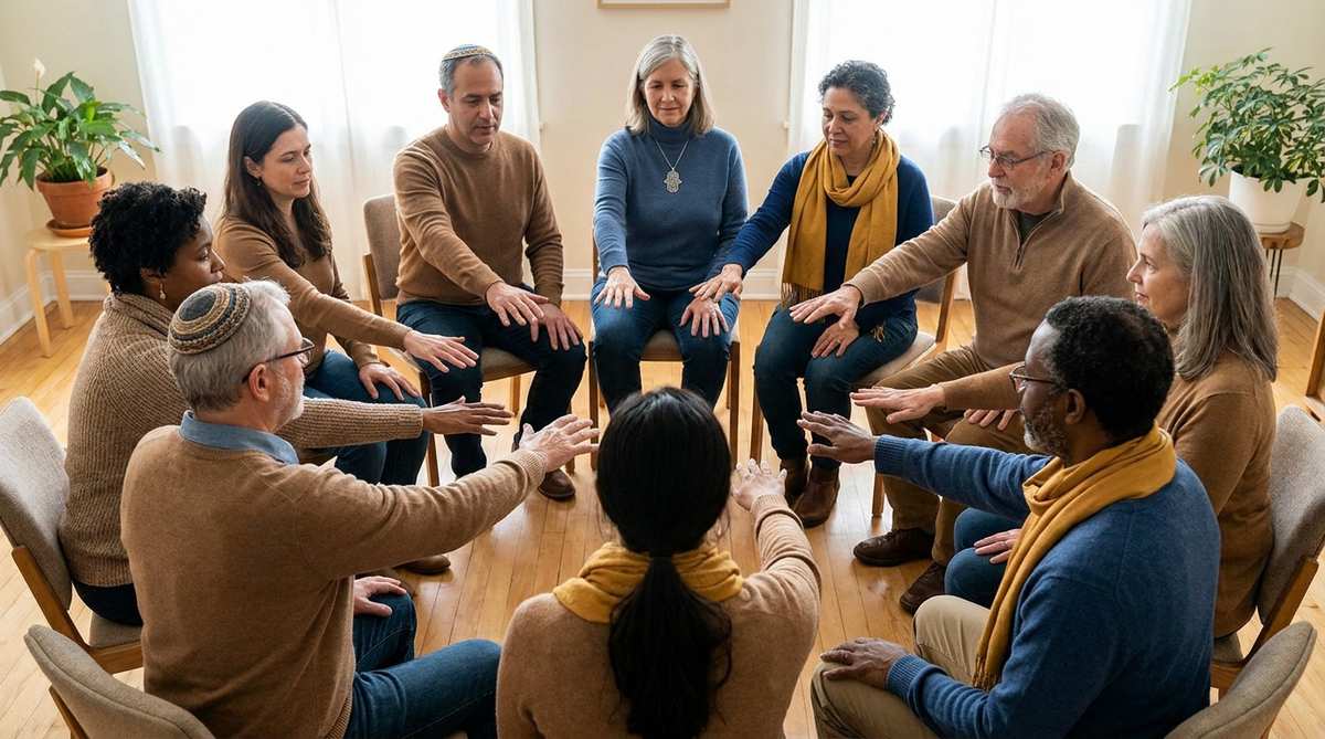 A diverse group of people sitting in a warm supportive circle, conveying community and connection in recovery